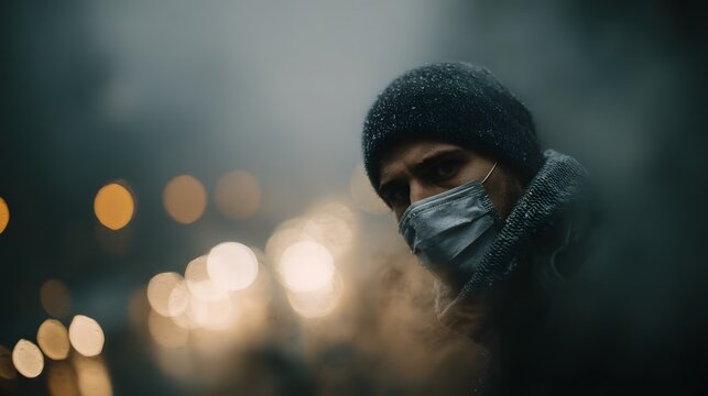 Man wearing face mask walks through a polluted city street with moody lighting - Powered by Adobe