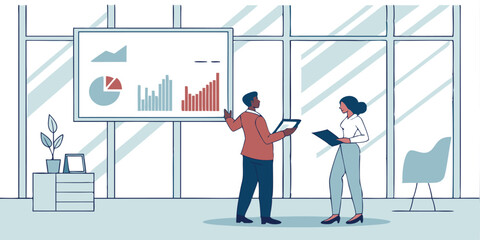 Business meeting with presentation  charts and graphs in a modern fice space setting shown here