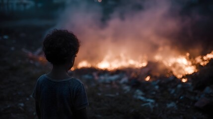 Child silhouetted against a burning trash dump