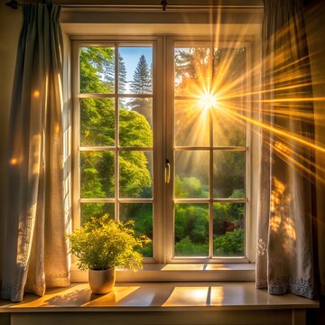 Fototapeta Sunlight streams through a window with a garden view