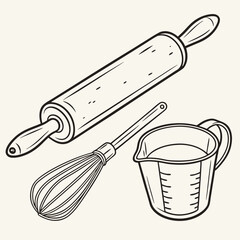 Obraz premium Illustration featuring a rolling pin, a whisk, and a measuring cup, all outlined in black on a light background