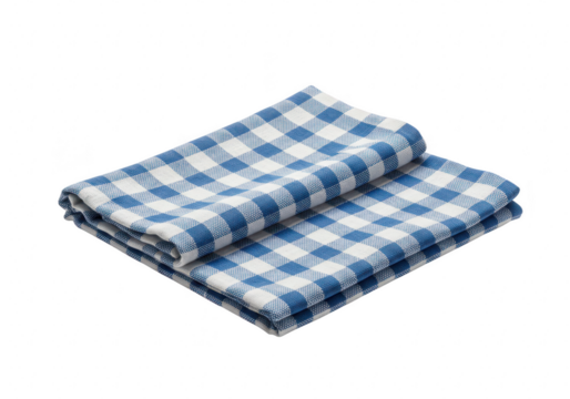 A folded blue and white checked gingham napkin or cloth, isolated on a transparent background