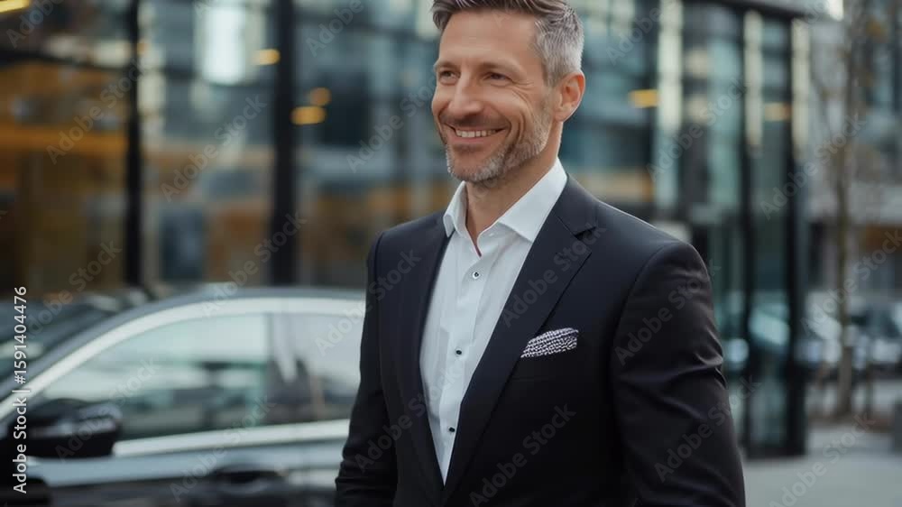 Poster a man in a suit is smiling and standing in front of a car. concept of confidence and success, as the