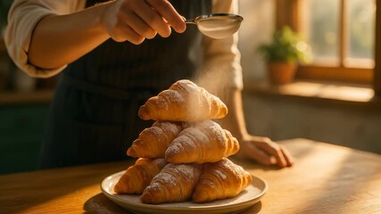 Freshly baked croissant golden brown stack on plate with powdered sugar, perfect homemade pastry for breakfast in cozy kitchen, inviting atmosphere, delicious morning treat - Powered by Adobe