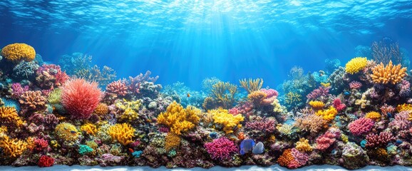 Underwater scene with colorful coral reef and sunlight filtering through blue water