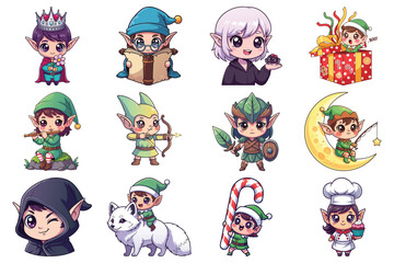 Cute elf characters in various costumes and activities vector illustration
