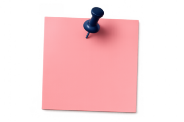 Pink sticky note pierced by blue push pin, positioned against transparent surface, ready for personal notes and memory prompts
