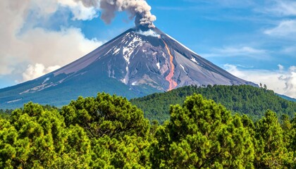 Volcanic peak erupting above a forested hillside