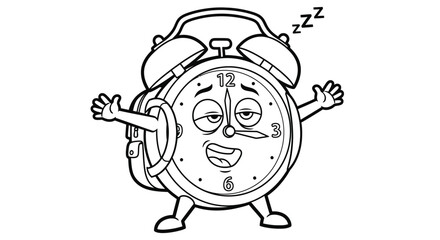 Naklejka premium Alarm Clock in Dreamland: A whimsical illustration of an alarm clock, embodying sleepiness with closed eyes and a 'zzz' emanates from its face, is a visual metaphor for the snooze button.