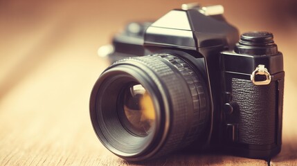 Classic black SLR camera with lens on wooden surface, shallow depth of field