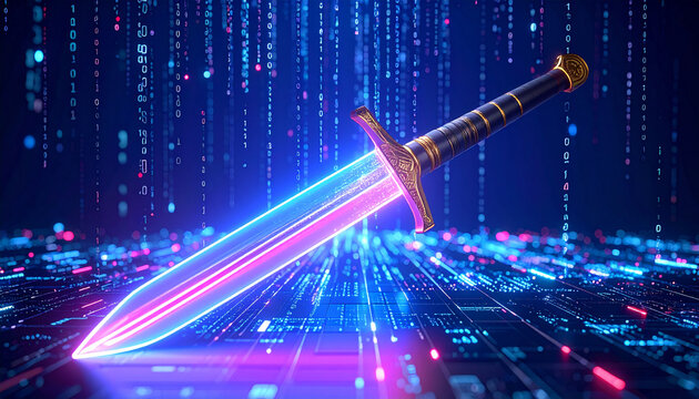 Futuristic Sword A Neon Blade in a Digital Realm of Code and Technology, Offering a Modern and Mysterious Interpretation