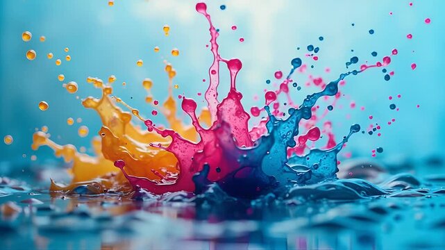 Vibrant Splashes of Colorful Liquid Against a Blue Background