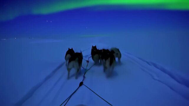Dog sledding adventure beneath the mesmerizing northern lights on a snowy landscape