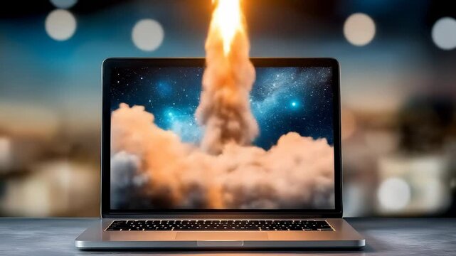 Rocket launch laptop technology innovation digital startup success creative futuristic energy blend as rocket launches from laptop screen symbolizing breakthrough ideas, digital progress