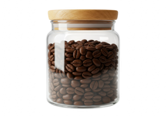 A clear glass jar filled to the brim with rich, dark roasted coffee beans, sealed with a wooden lid, isolated on white isolated on transparent background