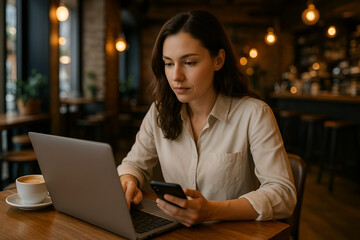 Confident woman works with laptop and phone at the coffee shop