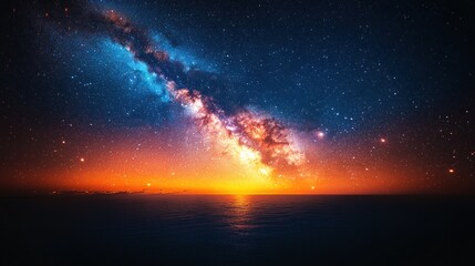 Fototapeta premium Celestial Sunset Over Calm Ocean: A breathtaking view of the Milky Way galaxy arching over a tranquil ocean at sunset, creating a magical and serene atmosphere.