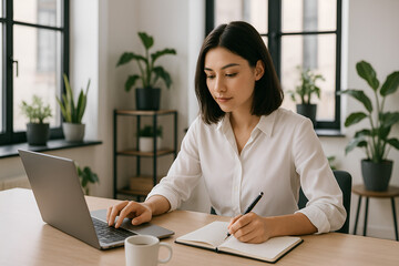 Focused woman works from home with laptop and notebook
