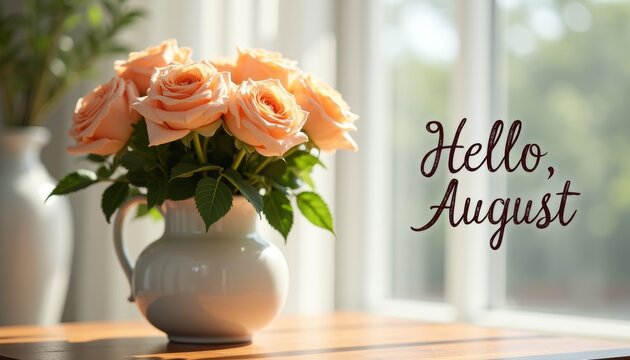 Bouquet of peach roses in white ceramic pitcher on wooden table near window with soft morning light. Inscription Hello August. Seasonal greetings and decor.