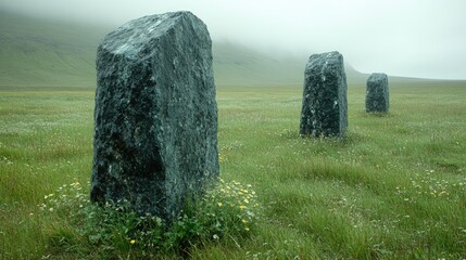 Stones stand in a field beneath cloudy mountains
