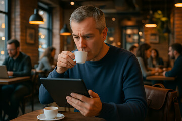 Man enjoys coffee while working on his tablet at a cafe.