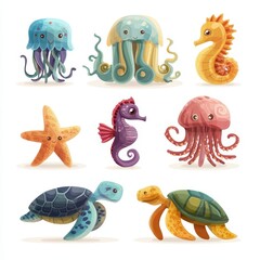 Naklejka premium Adorable Pixel Art Sea Creatures Jellyfish, Seahorses, Starfish and Turtles