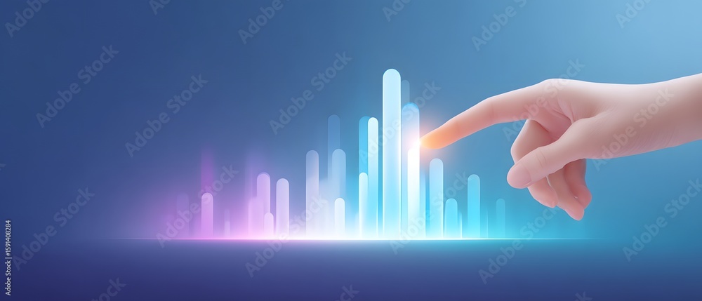 Poster a hand interacts with glowing vertical bars on a digital interface, symbolizing data analysis, techn