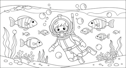 Naklejka premium Underwater Explorer's Adventure: An illustration depicts a young explorer venturing into the deep sea with a snorkel gear amidst playful marine life.