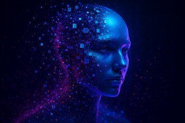 Abstract digital human face. Artificial intelligence concept of big data or cybersecurity. 3D rendering