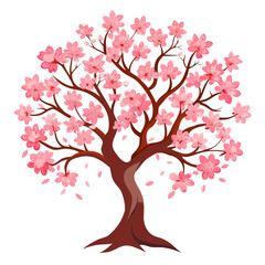 Obraz premium Beautiful pink cherry blossom tree with falling petals isolated on white background