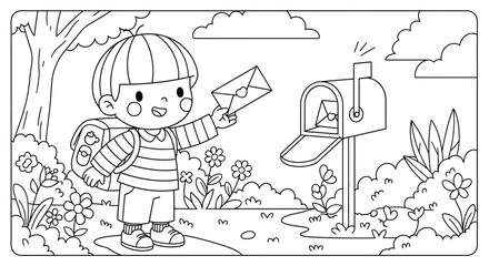 Happy Mail Delivery: A cheerful child with a backpack happily delivers a letter to a mailbox in a charming garden setting.  This adorable illustration is perfect for coloring pages, children's books.