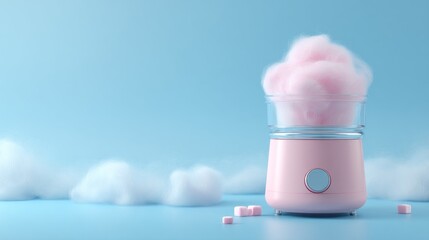 Pink cotton candy maker with fluffy confection and pastel clouds