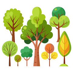 Collection of stylized trees in various green and autumn colors isolated on white background