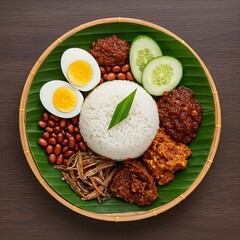 bowl of Malaysian Nasi Lemak with fragrant coconut rice, crispy anchovies, roasted peanuts, hard-boiled egg, sliced cucumber, and fiery sambal, served on a banana leaf,