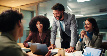 Laughing, group and colleagues with laptop, data analysis or happy with performance report at night. Working late, collaboration and people with tablet for stats, screen and meeting with documents