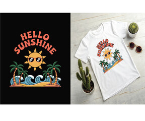 Summer Paradise Graphic Tee Concept. summer vibes t-shirt design template, hello sunshine. Hello Sunshine Beach Vibes T-Shirt Design. Tropical Sun and Waves T-Shirt Artwork