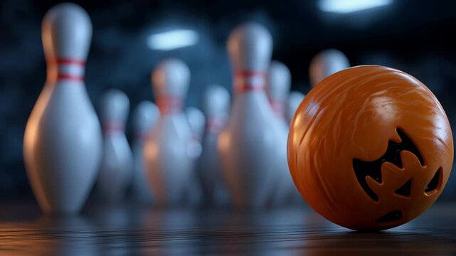 Halloween bowling ball with spooky carved face and bowling pins in dark glowing bowling alley