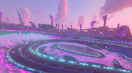 Futuristic city landscape with glowing roads and structures.  Circular racing track, elevated city, pastel colours