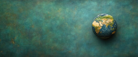 World globe on teal texture, focus on Asia and Europe