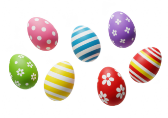 A collection of seven vibrantly decorated easter eggs with various patterns, scattered on a transparent background