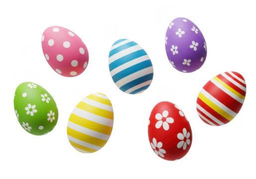 A collection of seven vibrantly decorated easter eggs with various patterns, scattered on a transparent background