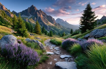 the Dolomites in Italy: a green, grassy field with flowers and a white path leading to the mountains, against a purple sky during the golden hour