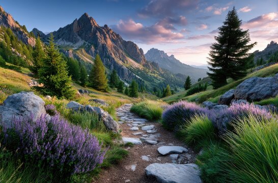 the Dolomites in Italy: a green, grassy field with flowers and a white path leading to the mountains, against a purple sky during the golden hour