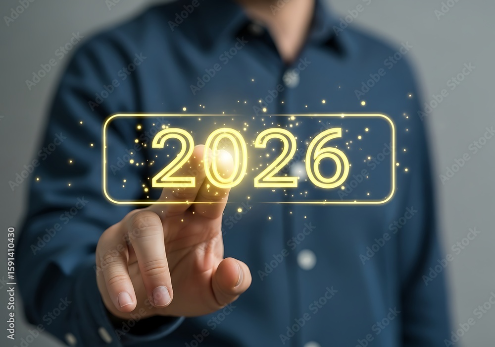 Aufkleber man touches digital screen displaying the year twenty twenty six with glowing lights and sparkles re