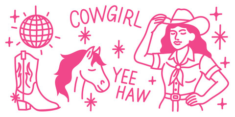 Retro cowgirl with horse and boots, wearing a stylish hat, by a glowing disco ball. Vintage western girl in pink, showcasing a fun country aesthetic and rodeo vibes
