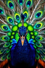 Close up of a peacock displaying its vibrant feathers in full bloom with striking blue and green hues