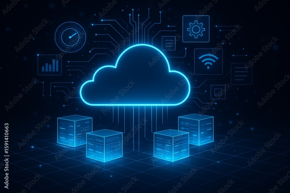 Poster digital informational technology web futuristic hologram with cloud icon, blue golden light digits a