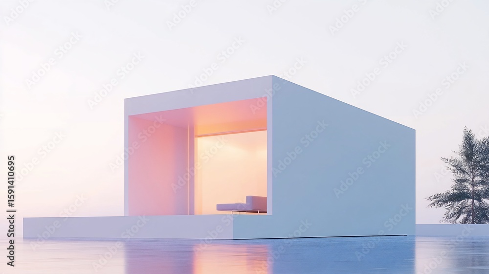 Poster minimalist cube structure with soft lighting and serene reflection on smooth surface