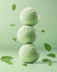 Mint Ice Cream Scoops with Leaves