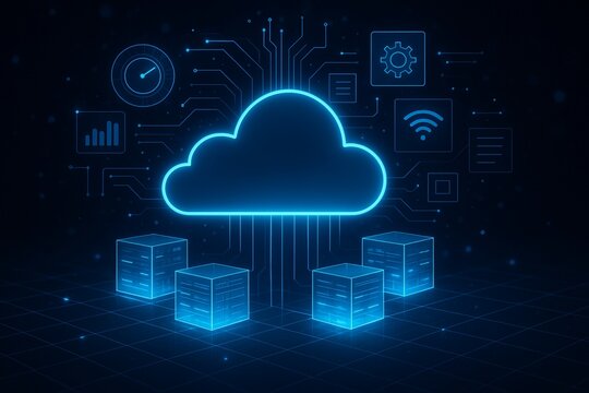 Digital informational technology web futuristic hologram with cloud icon, blue golden light digits and code background, cloud computing. Abstract Motion of digital data flow.